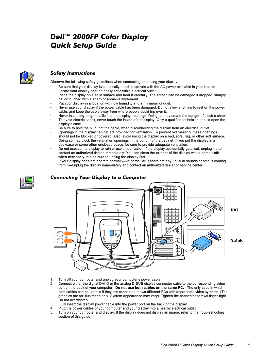 Dell 2000FP setup guide Safety Instructions, Connecting Your Display to a Computer, DVI D-Sub 