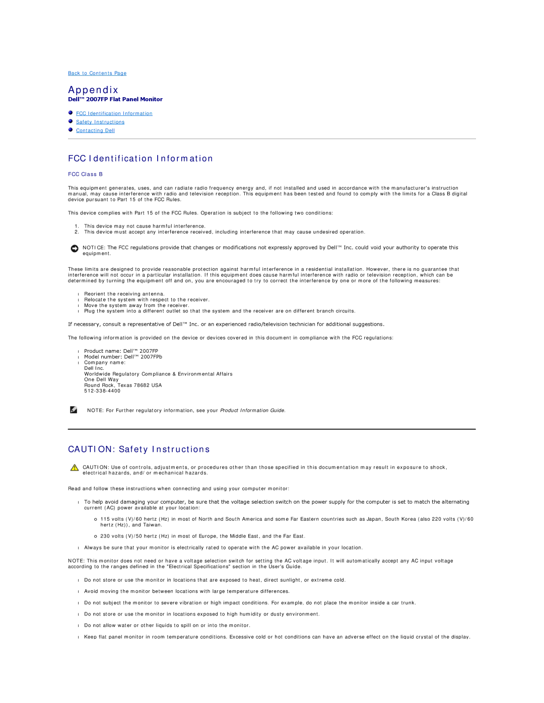 Dell 320-4687, 2007FP appendix Appendix, FCC Identification Information 