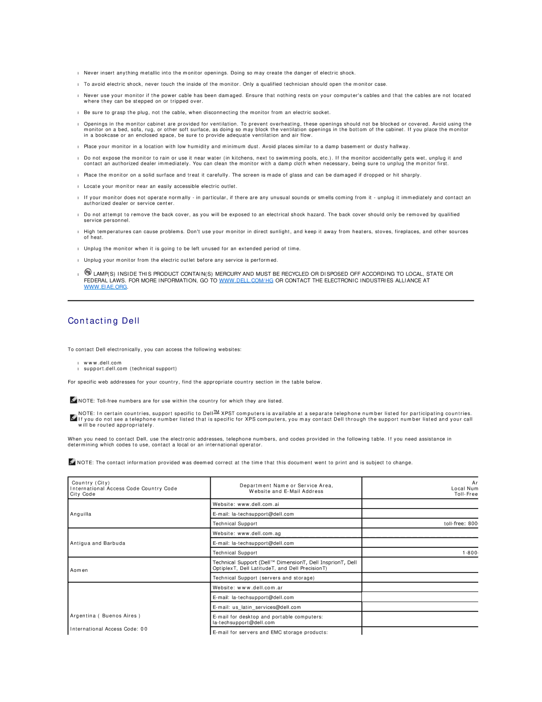 Dell 2007FP, 320-4687 appendix Contacting Dell, Antigua and Barbuda, Aomen, Argentina Buenos Aires 