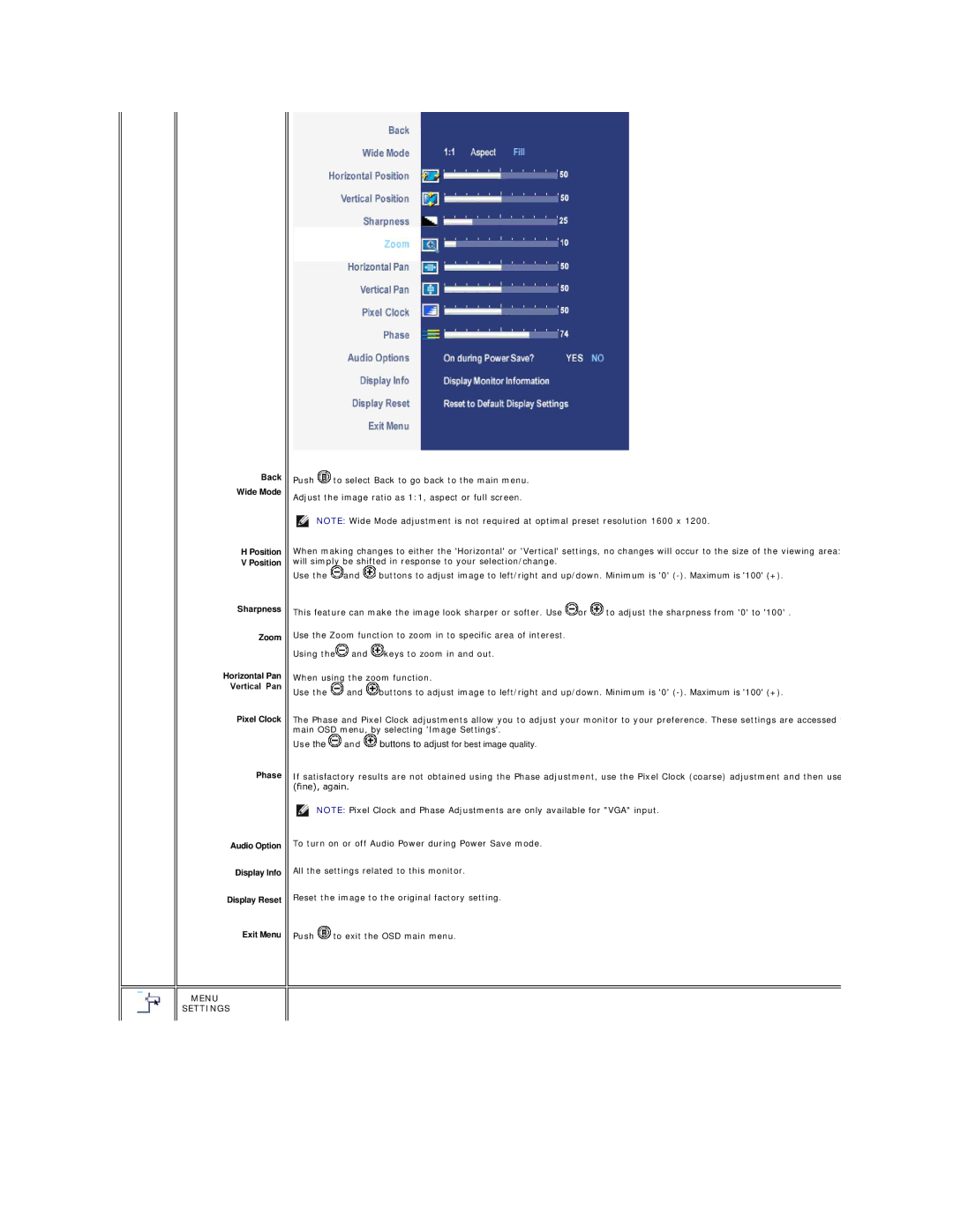 Dell 320-4687, 2007FP appendix Use the and buttons to adjust for best image quality, Menu Settings 