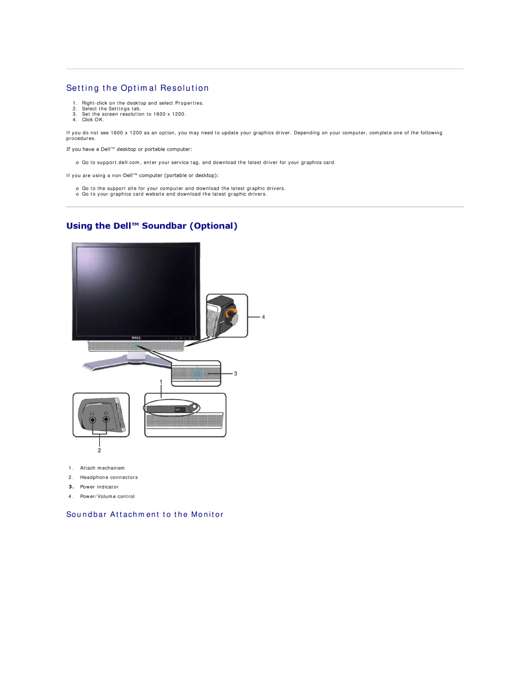 Dell 320-4687, 2007FP Setting the Optimal Resolution, Using the Dell Soundbar Optional, Soundbar Attachment to the Monitor 