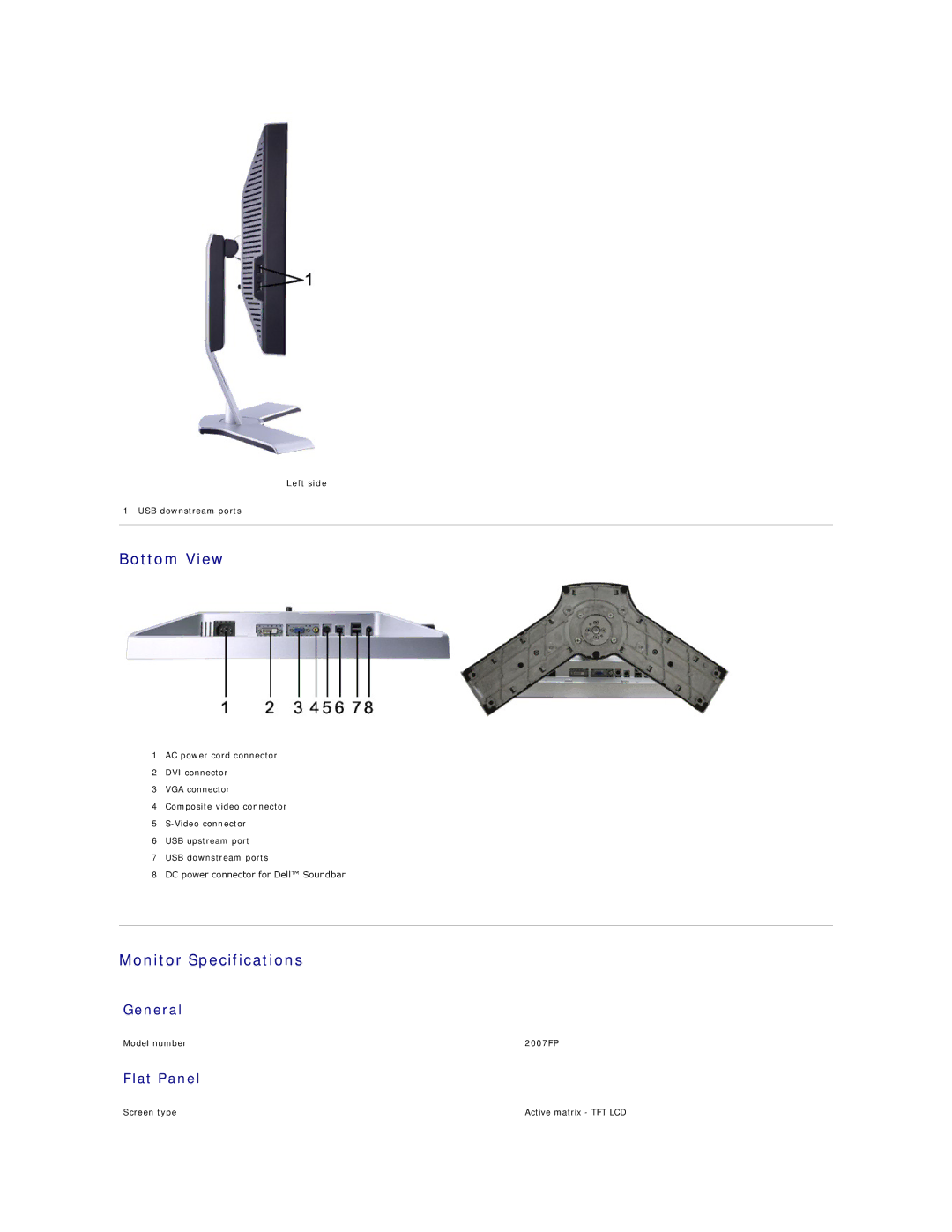 Dell 2007FP, 320-4687 appendix Bottom View, Monitor Specifications, General, Flat Panel, Left side 
