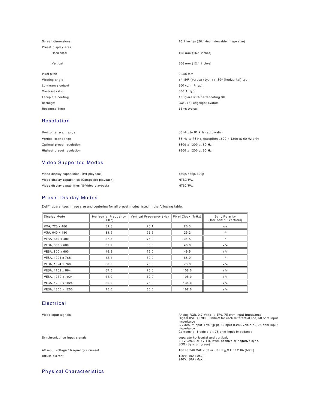 Dell 320-4687, 2007FP appendix Resolution, Video Supported Modes, Preset Display Modes, Electrical, Physical Characteristics 