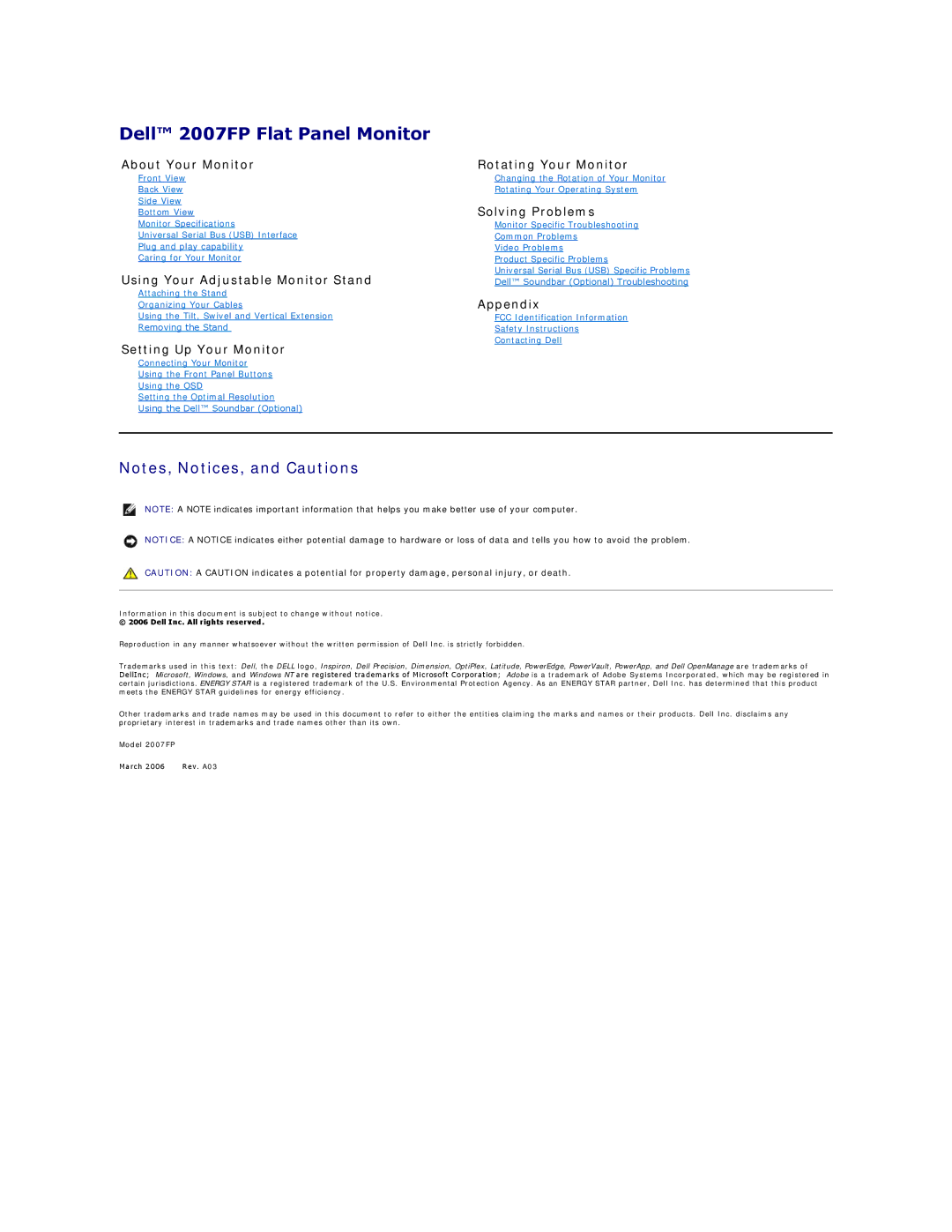 Dell appendix Dell 2007FP Flat Panel Monitor, About Your Monitor 