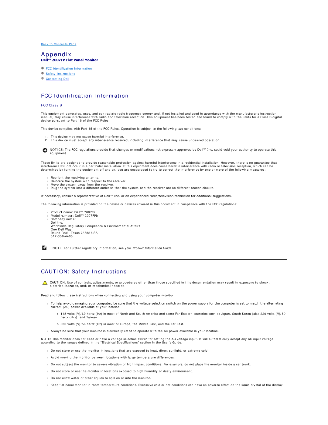 Dell 2007FP appendix Appendix, FCC Identification Information 