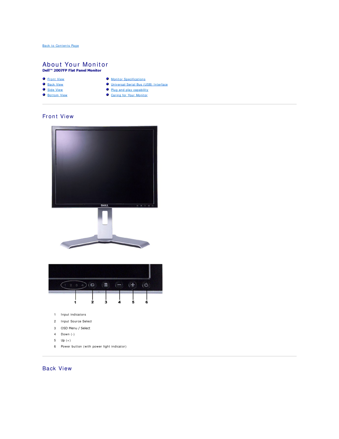 Dell 2007FP appendix About Your Monitor, Front View, Back View 