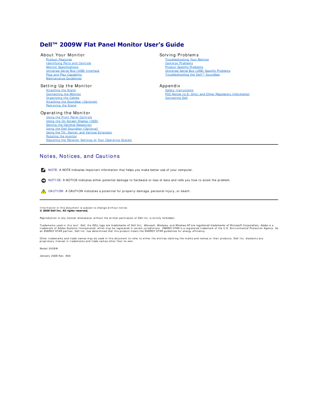 Dell appendix Dell 2009W Flat Panel Monitor Users Guide, About Your Monitor Solving Problems 