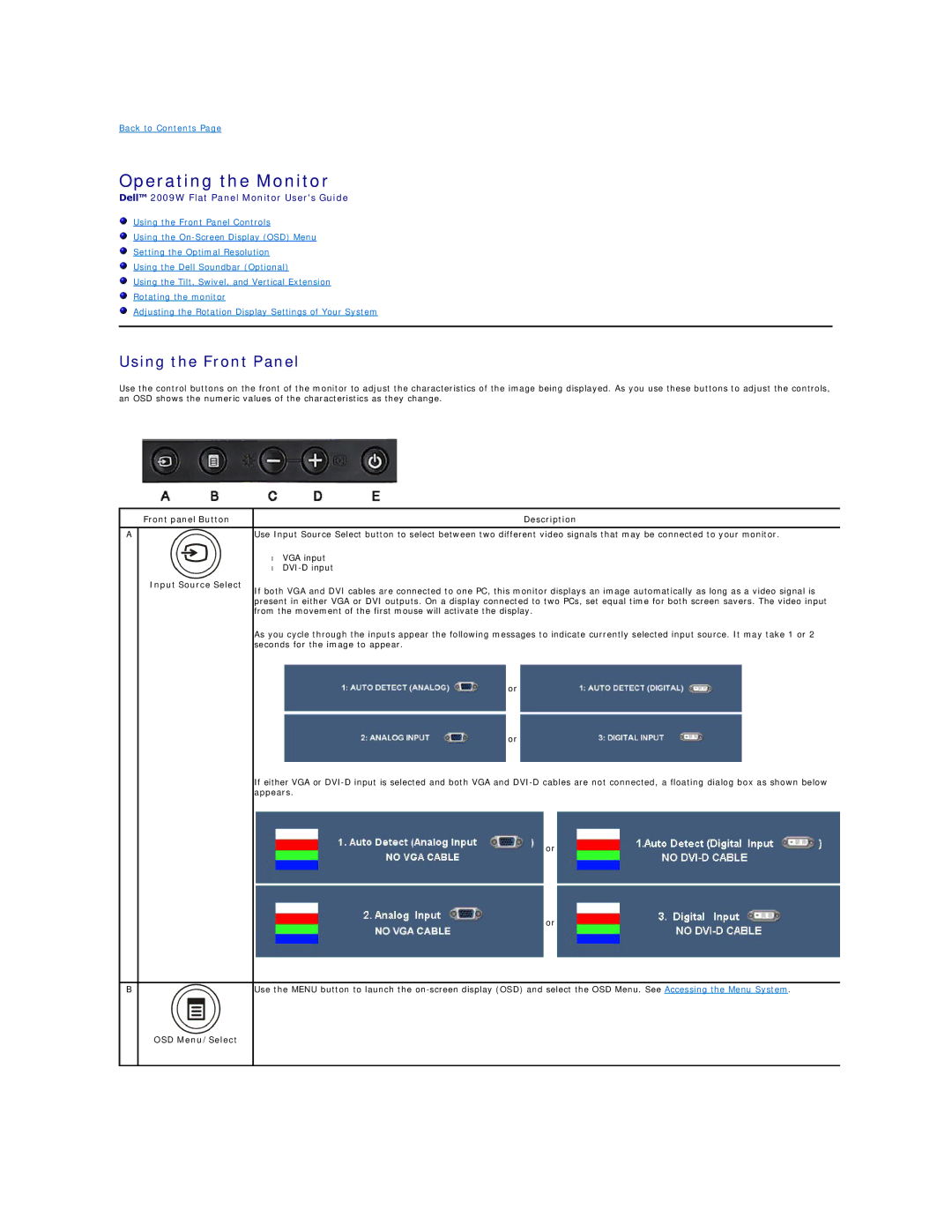 Dell 2009W appendix Operating the Monitor, Using the Front Panel, Front panel Button Input Source Select Description 