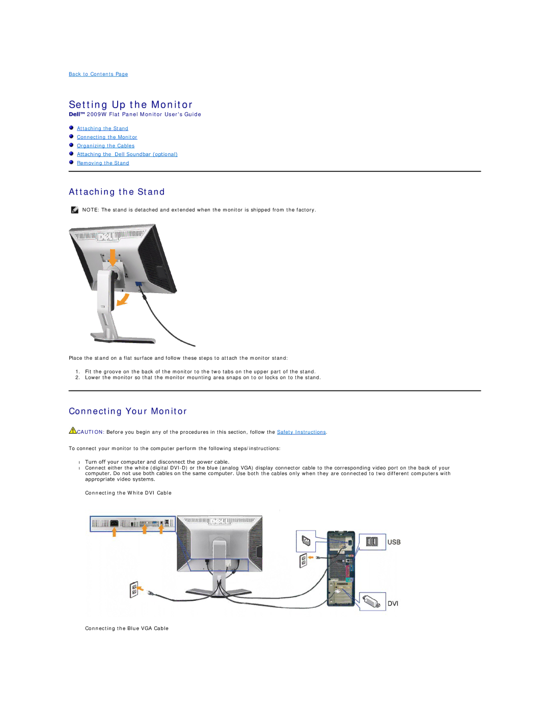 Dell 2009W appendix Setting Up the Monitor, Attaching the Stand, Connecting Your Monitor 