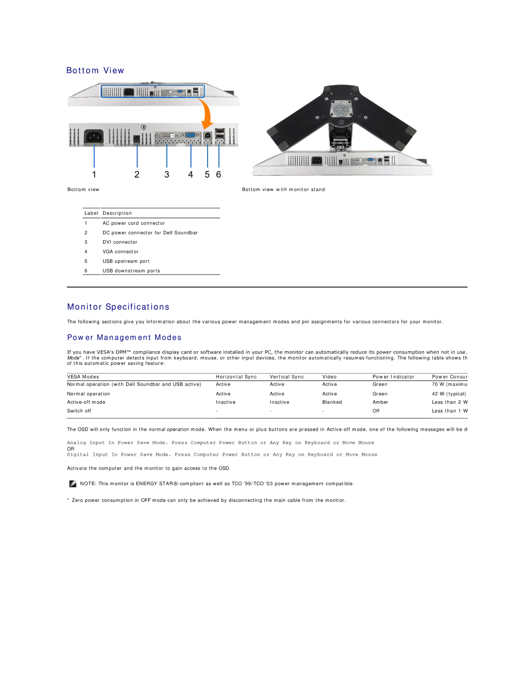 Dell 2009W appendix Bottom View, Monitor Specifications, Power Management Modes 