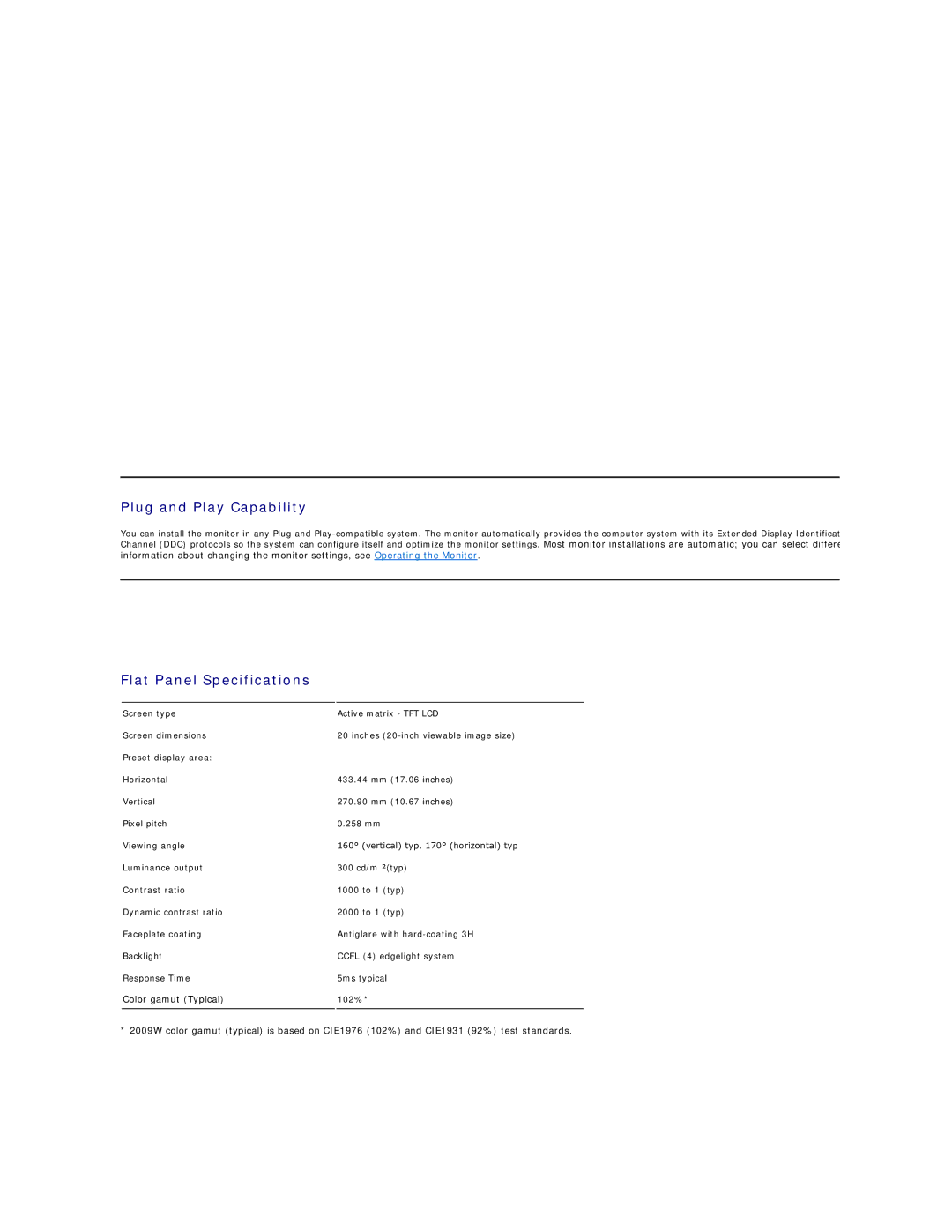 Dell 2009W appendix Plug and Play Capability, Flat Panel Specifications 