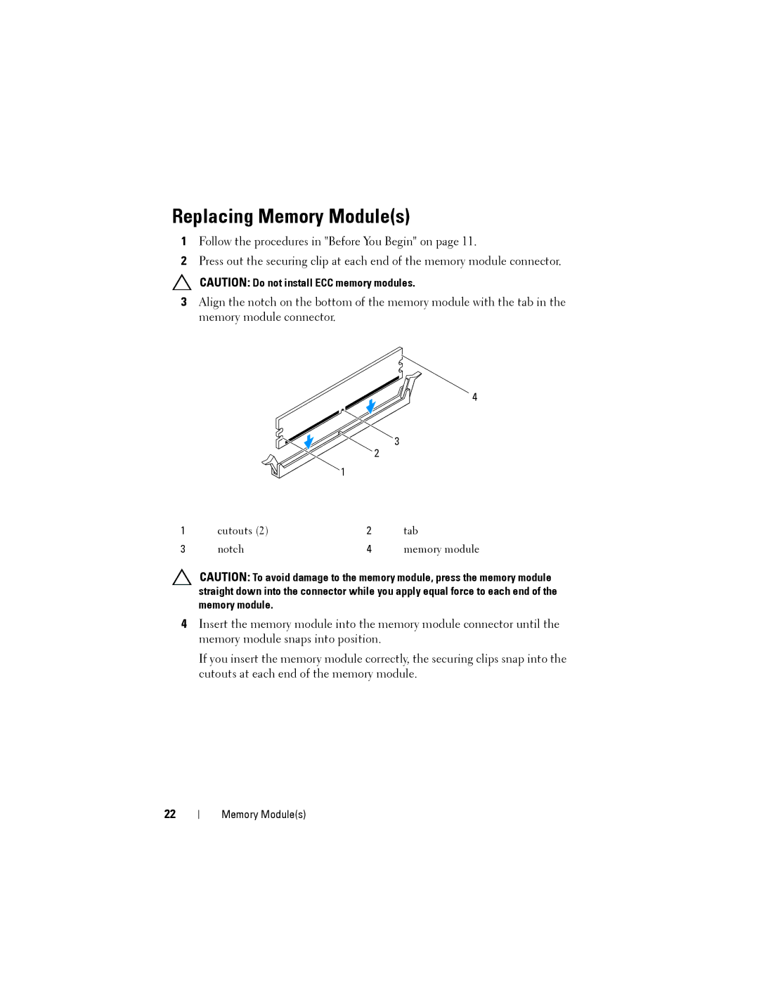 Dell 2010 service manual Replacing Memory Modules 