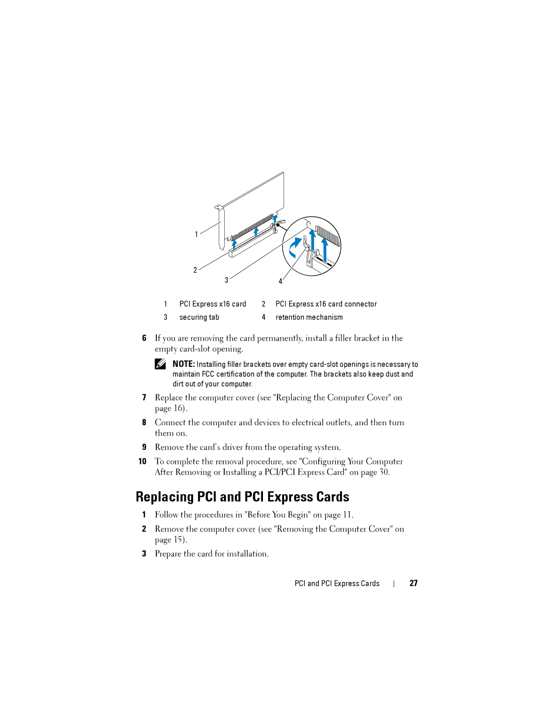 Dell 2010 service manual Replacing PCI and PCI Express Cards 