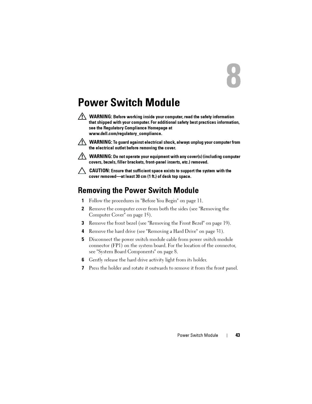 Dell 2010 service manual Removing the Power Switch Module 