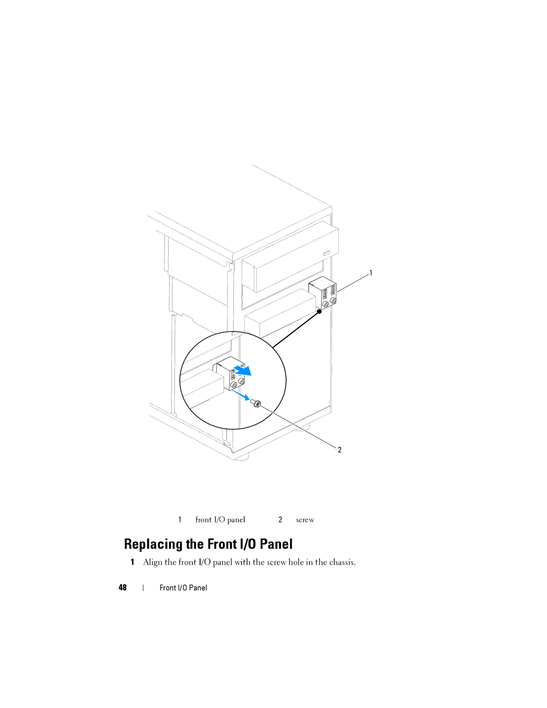 Dell 2010 service manual Replacing the Front I/O Panel 