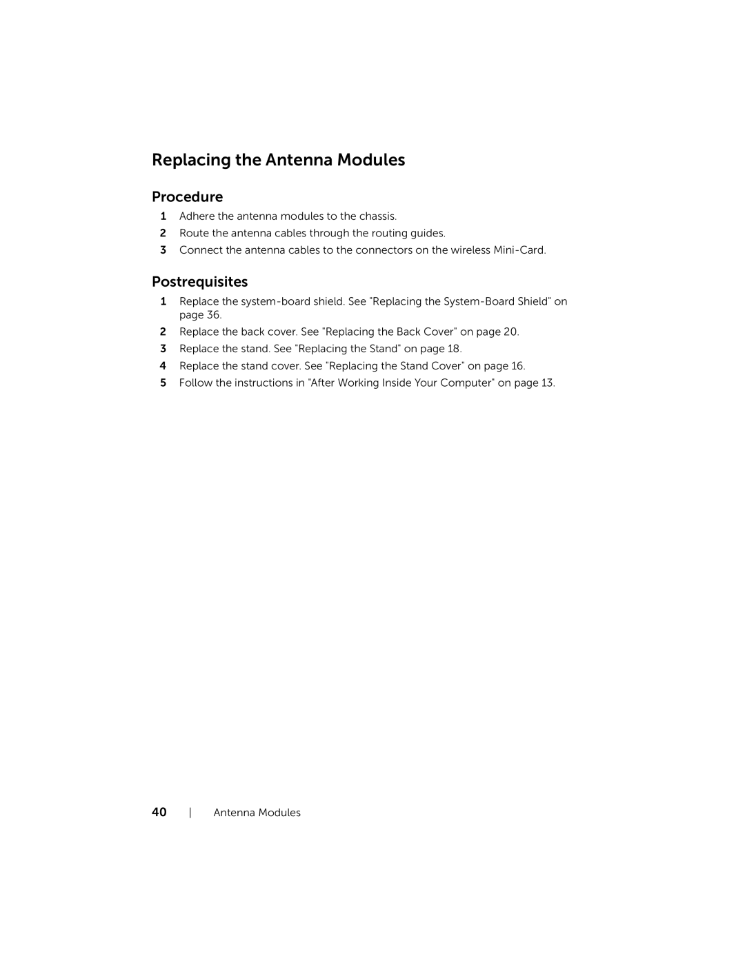 Dell 2020, W06B owner manual Replacing the Antenna Modules 