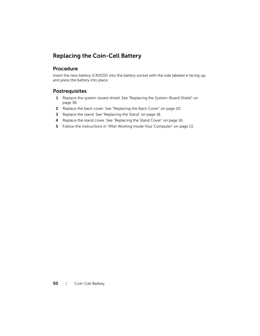 Dell 2020, W06B owner manual Replacing the Coin-Cell Battery 