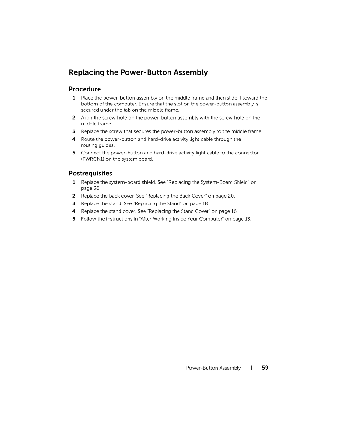 Dell W06B, 2020 owner manual Replacing the Power-Button Assembly 