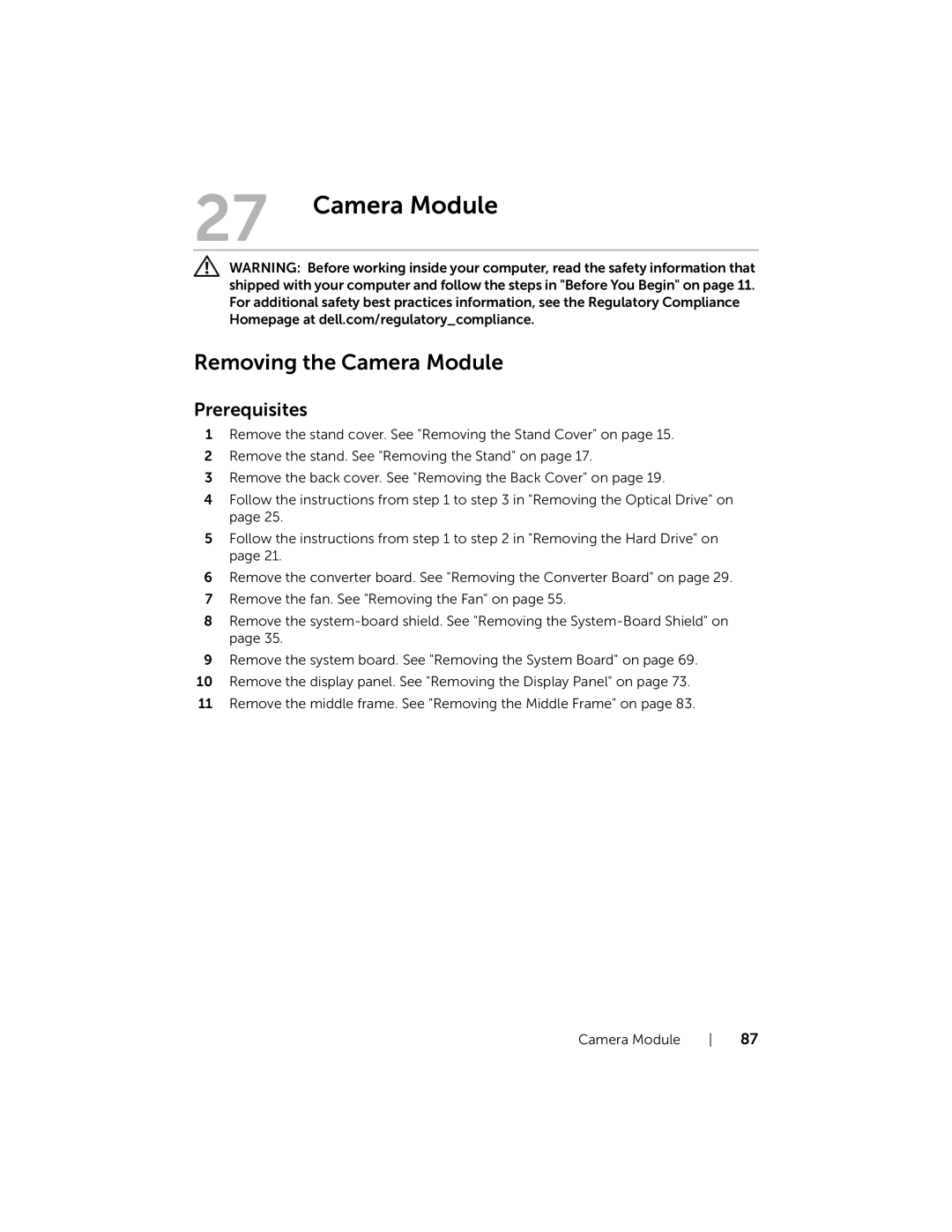 Dell W06B, 2020 owner manual Removing the Camera Module 