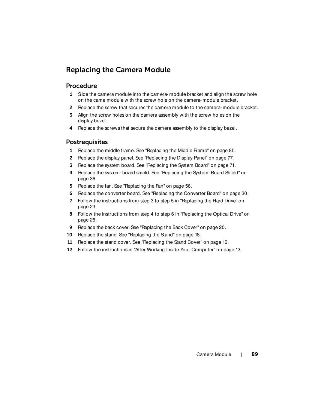 Dell W06B, 2020 owner manual Replacing the Camera Module 