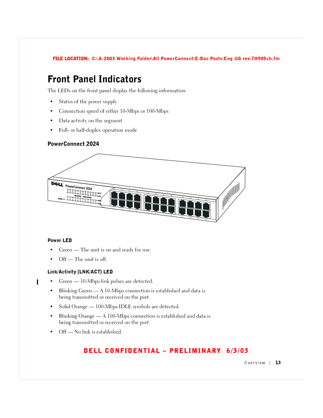 Dell 2016, 2024 manual Front Panel Indicators, PowerConnect, Power LED, Link/Activity LNK/ACT LED 