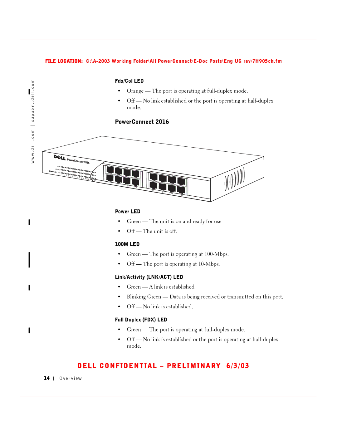 Dell 2016, 2024 manual Fdx/Col LED, 100M LED, Full Duplex FDX LED 