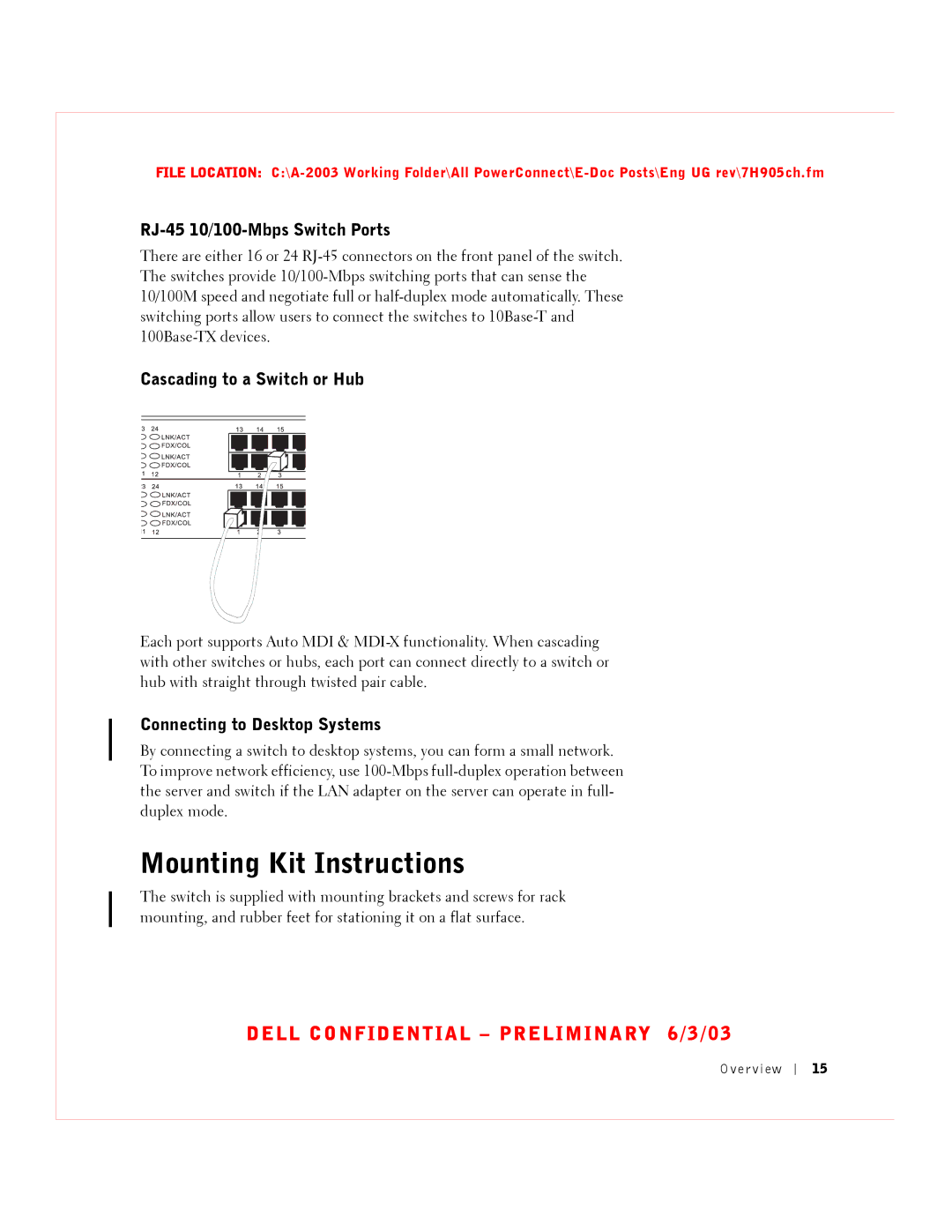 Dell 2016, 2024 manual Mounting Kit Instructions, RJ-45 10/100-Mbps Switch Ports, Cascading to a Switch or Hub 