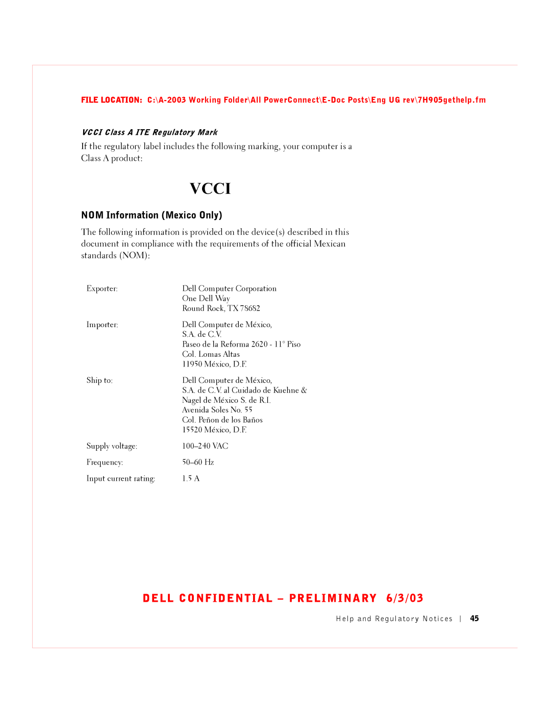 Dell 2016, 2024 manual Vcci, NOM Information Mexico Only 