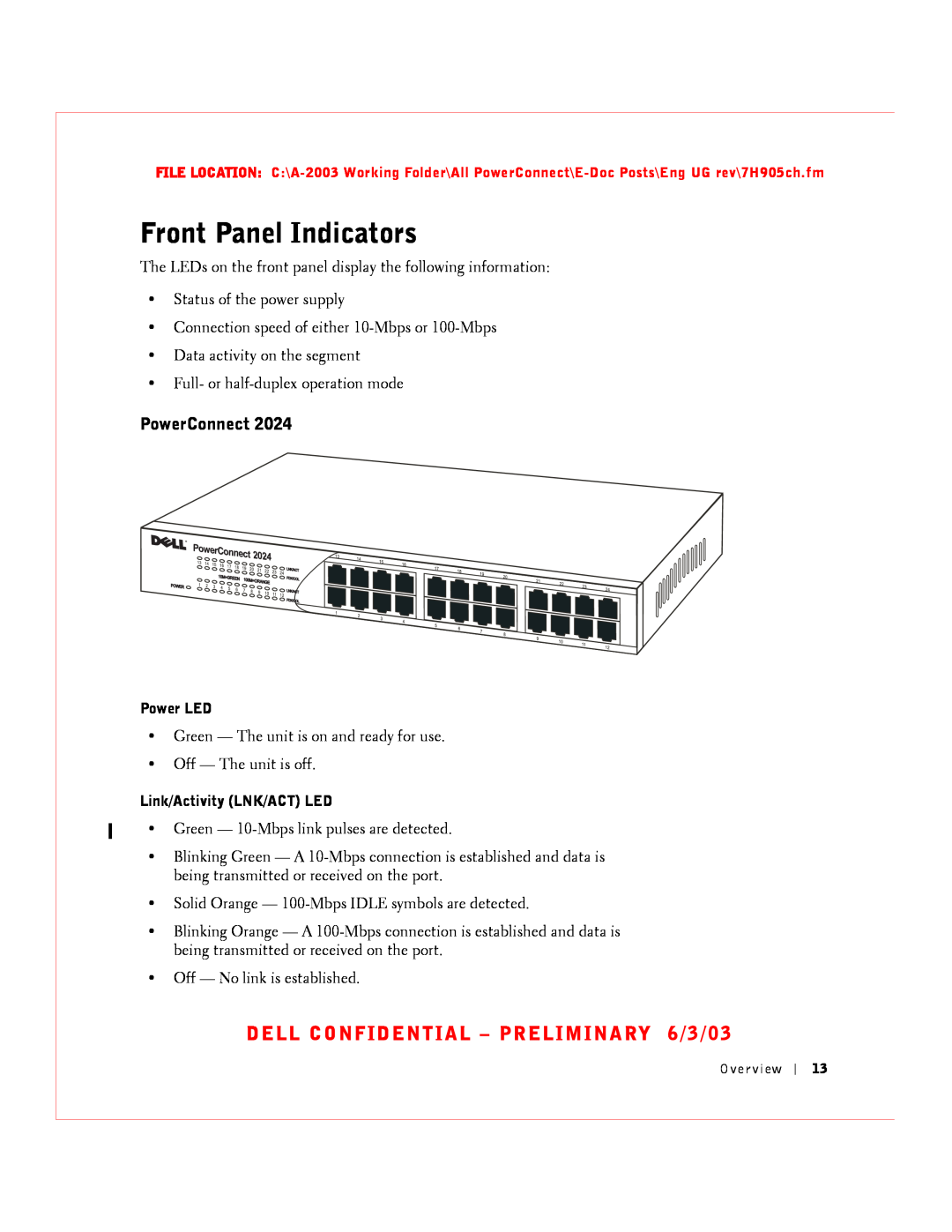 Dell 2016, 2024 manual Front Panel Indicators, PowerConnect, DELL CONFIDENTIAL - PRELIMINARY 6/3/03 