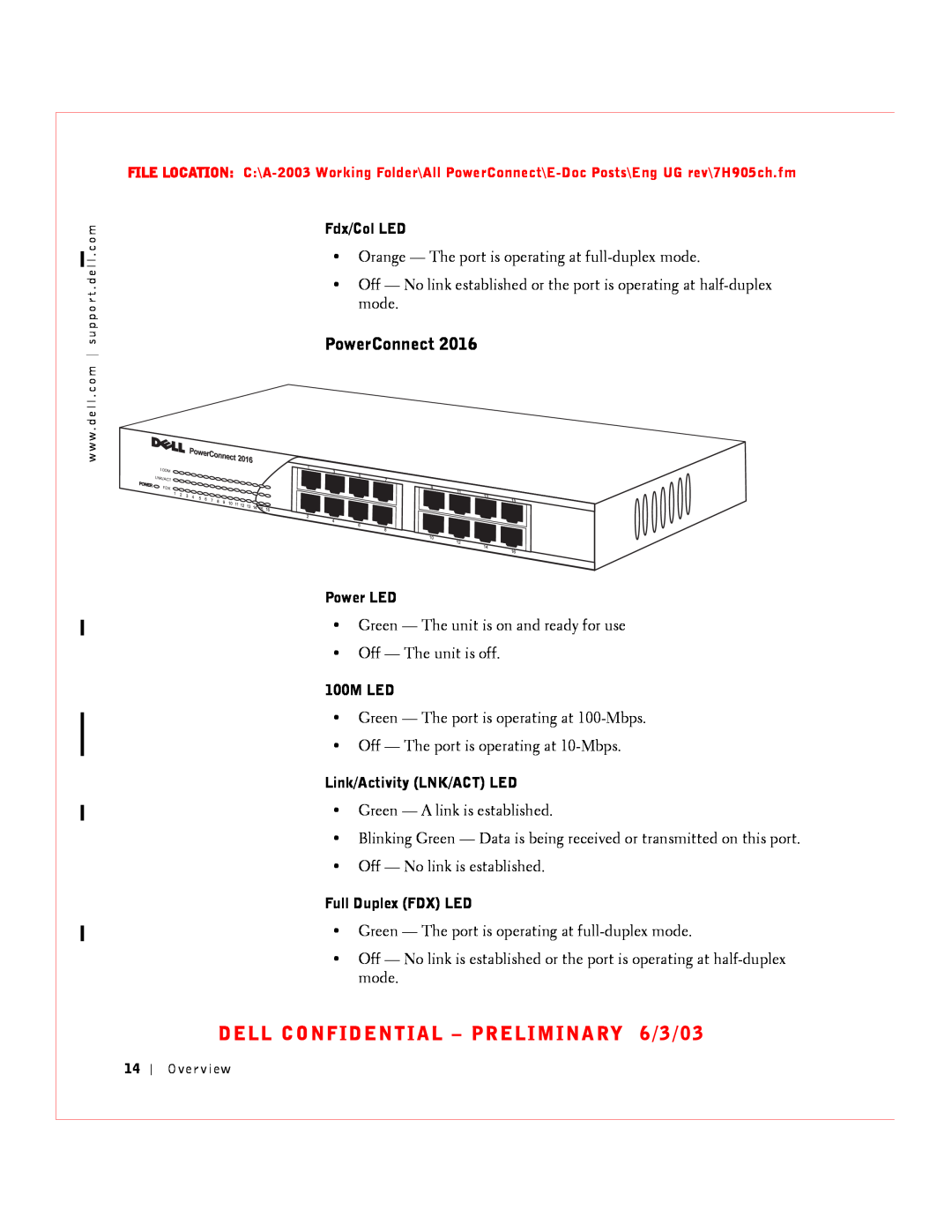 Dell 2016, 2024 manual DELL CONFIDENTIAL - PRELIMINARY 6/3/03, PowerConnect 