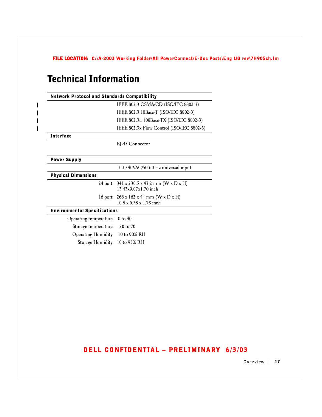 Dell 2016, 2024 manual Technical Information, DELL CONFIDENTIAL - PRELIMINARY 6/3/03 