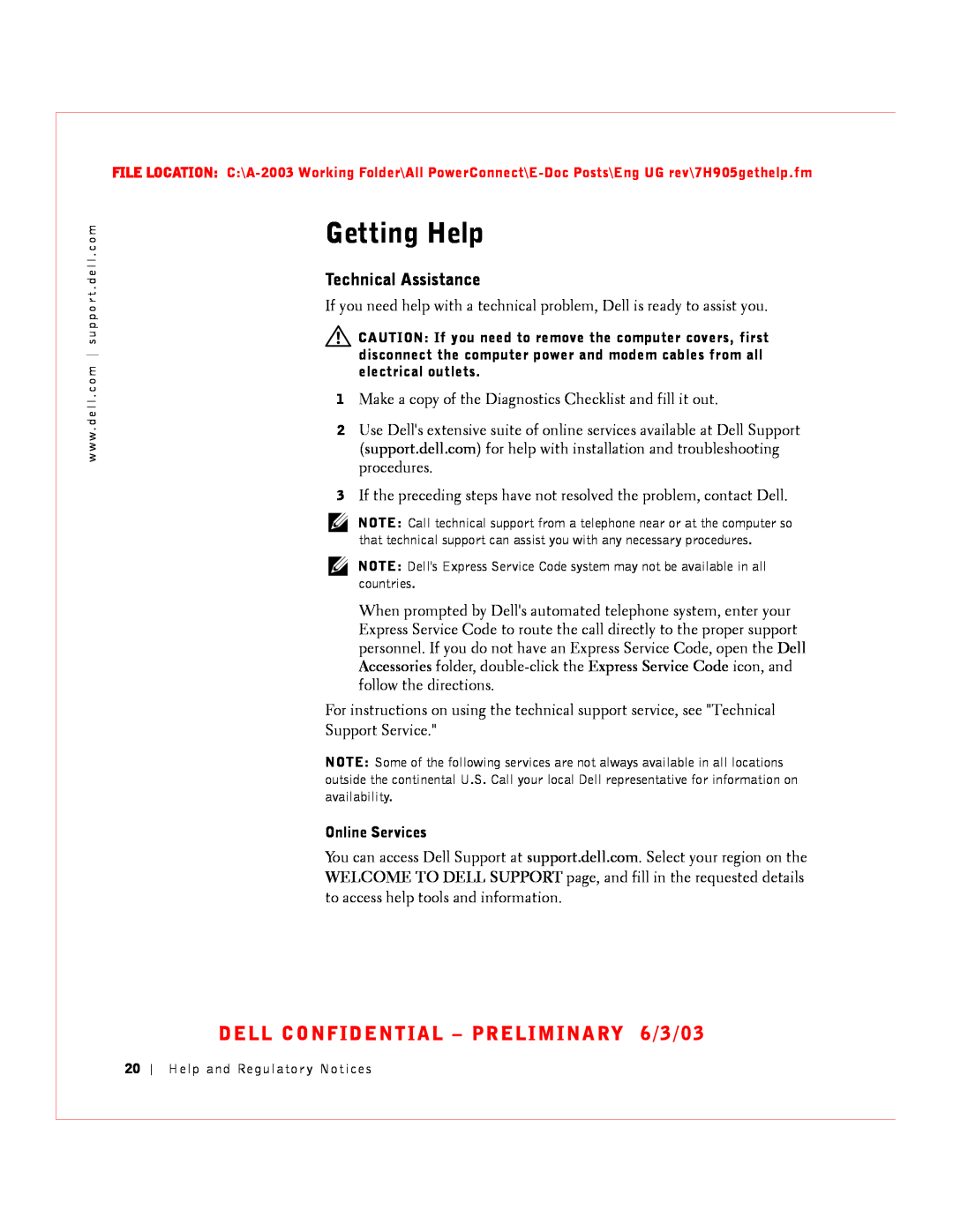 Dell 2016, 2024 manual Getting Help, Technical Assistance, DELL CONFIDENTIAL - PRELIMINARY 6/3/03 