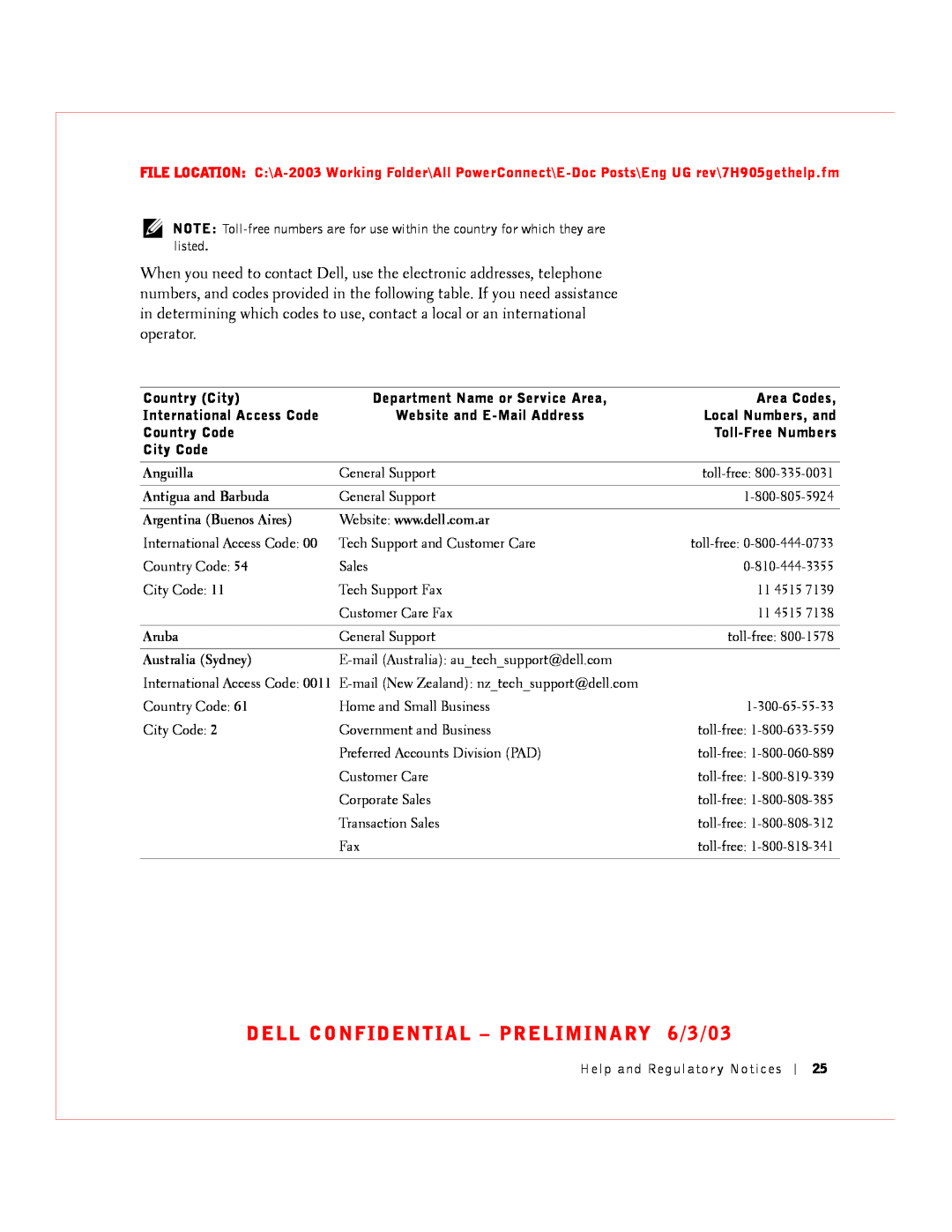 Dell 2016, 2024 manual DELL CONFIDENTIAL - PRELIMINARY 6/3/03, Anguilla, Antigua and Barbuda, Argentina Buenos Aires, Aruba 