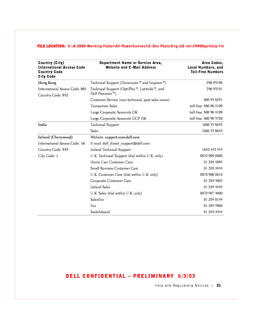 Dell 2016, 2024 manual DELL CONFIDENTIAL - PRELIMINARY 6/3/03, Hong Kong, India, Ireland Cherrywood 