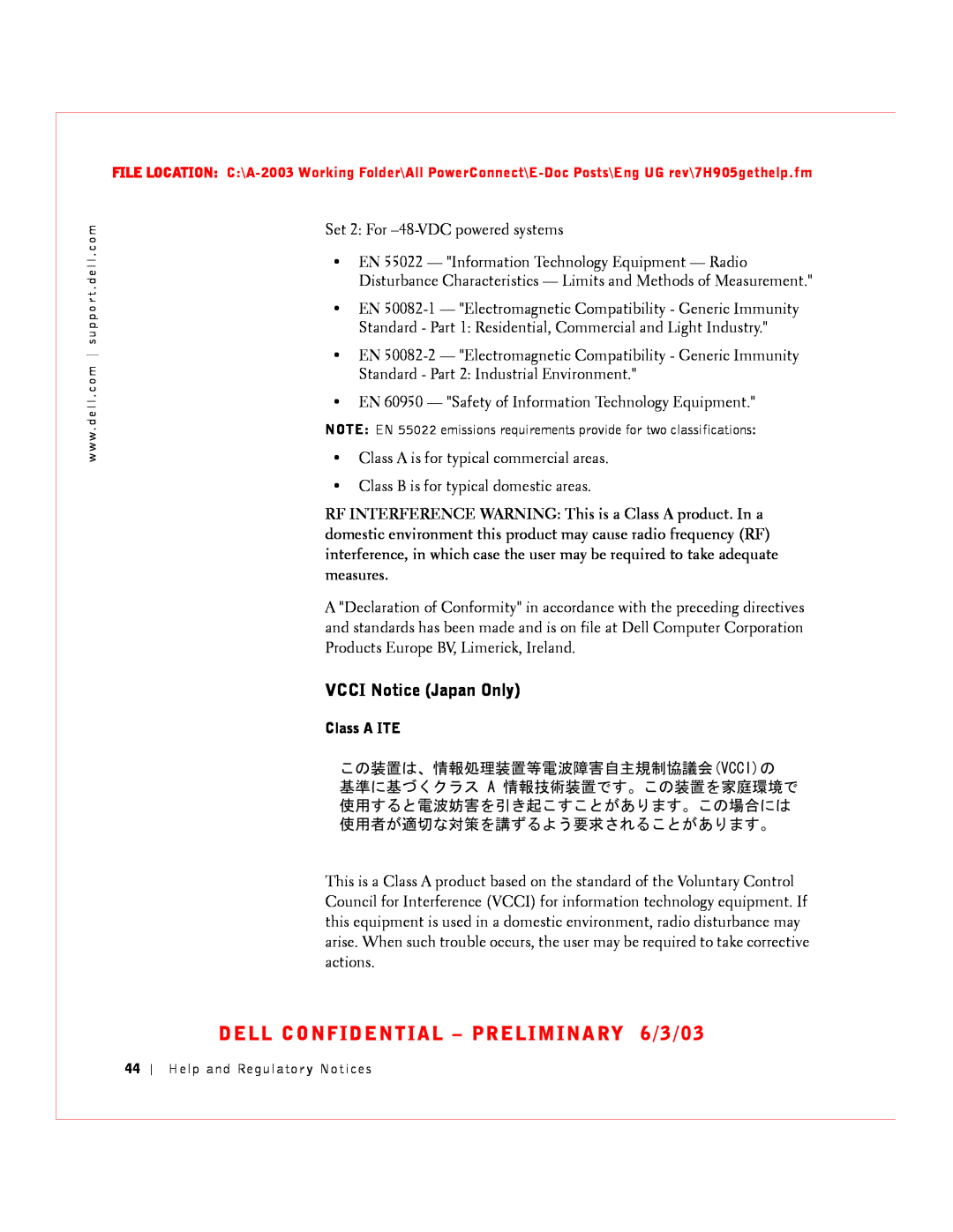 Dell 2016, 2024 manual VCCI Notice Japan Only, Class A ITE, DELL CONFIDENTIAL - PRELIMINARY 6/3/03 