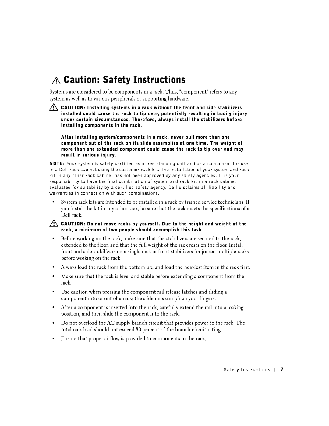 Dell 2016, 2024 manual Caution Safety Instructions, Ensure that proper airflow is provided to components in the rack 