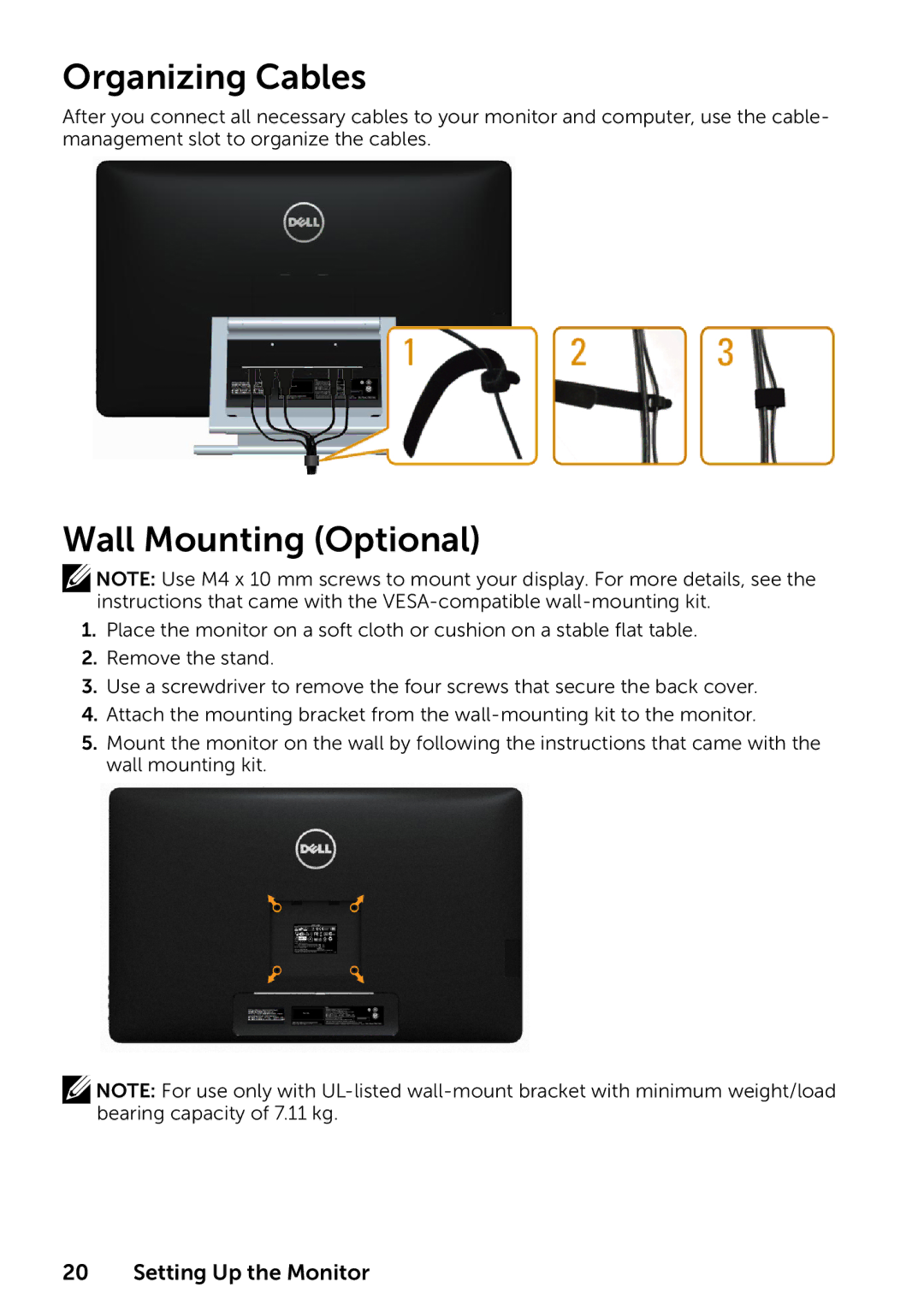 Dell P2314T P2714T, 210-ABMB, 859-BBBC manual Organizing Cables, Wall Mounting Optional 