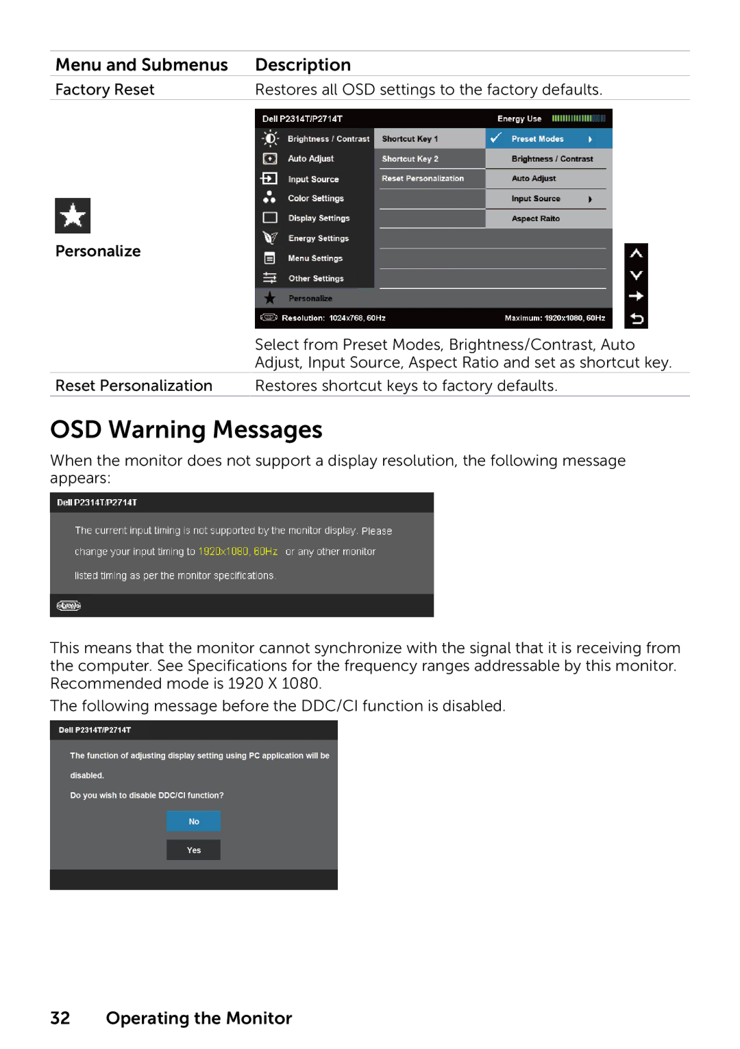 Dell P2314T P2714T, 210-ABMB, 859-BBBC manual OSD Warning Messages 