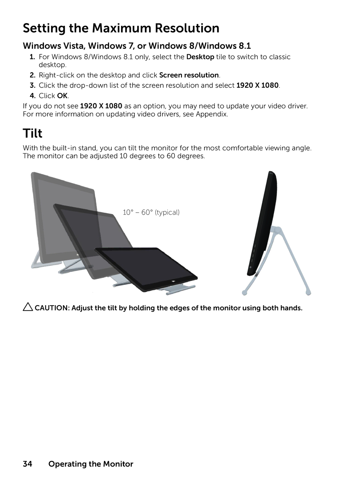 Dell 859-BBBC, 210-ABMB, P2314T P2714T Setting the Maximum Resolution, Tilt, Windows Vista, Windows 7, or Windows 8/Windows 