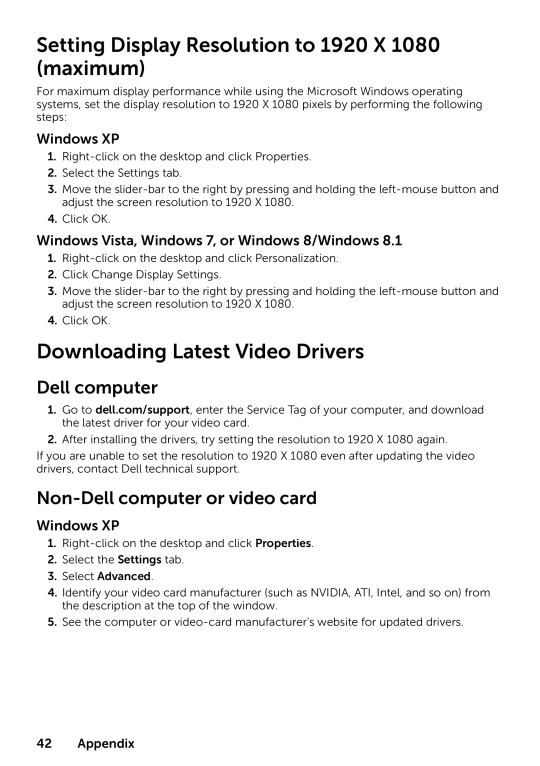 Dell 210-ABMB, 859-BBBC Setting Display Resolution to 1920 X 1080 maximum, Downloading Latest Video Drivers, Dell computer 