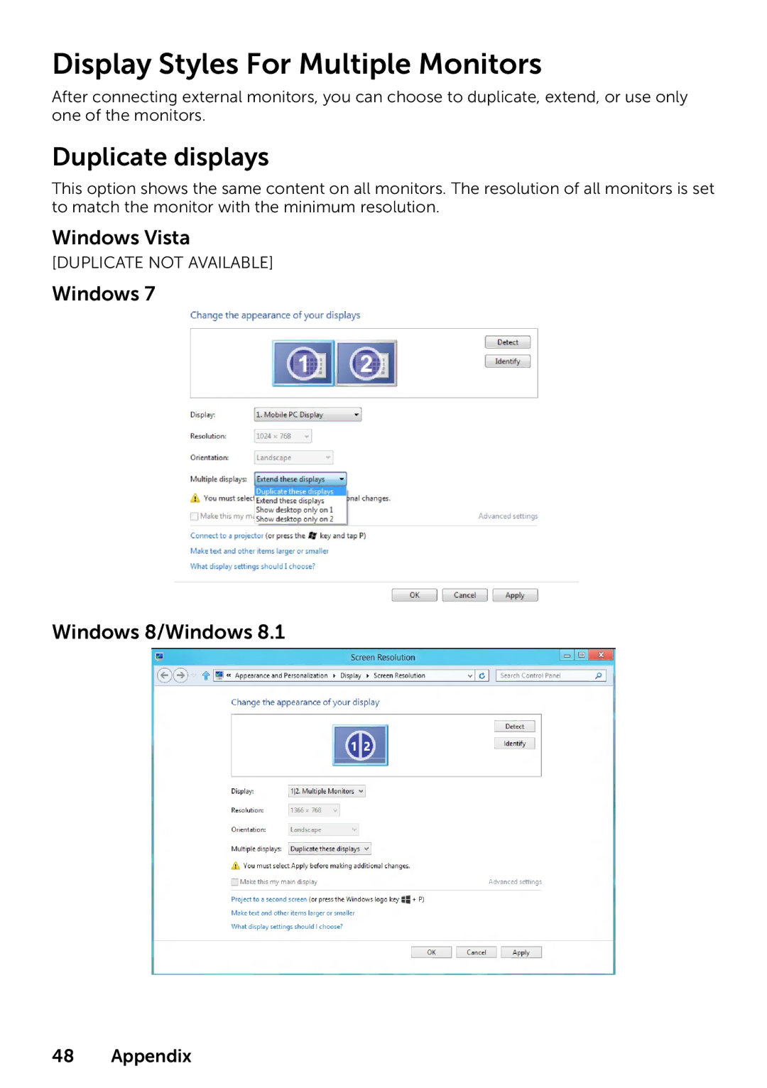 Dell 210-ABMB, 859-BBBC, P2314T P2714T Display Styles For Multiple Monitors, Duplicate displays, Windows Windows 8/Windows 