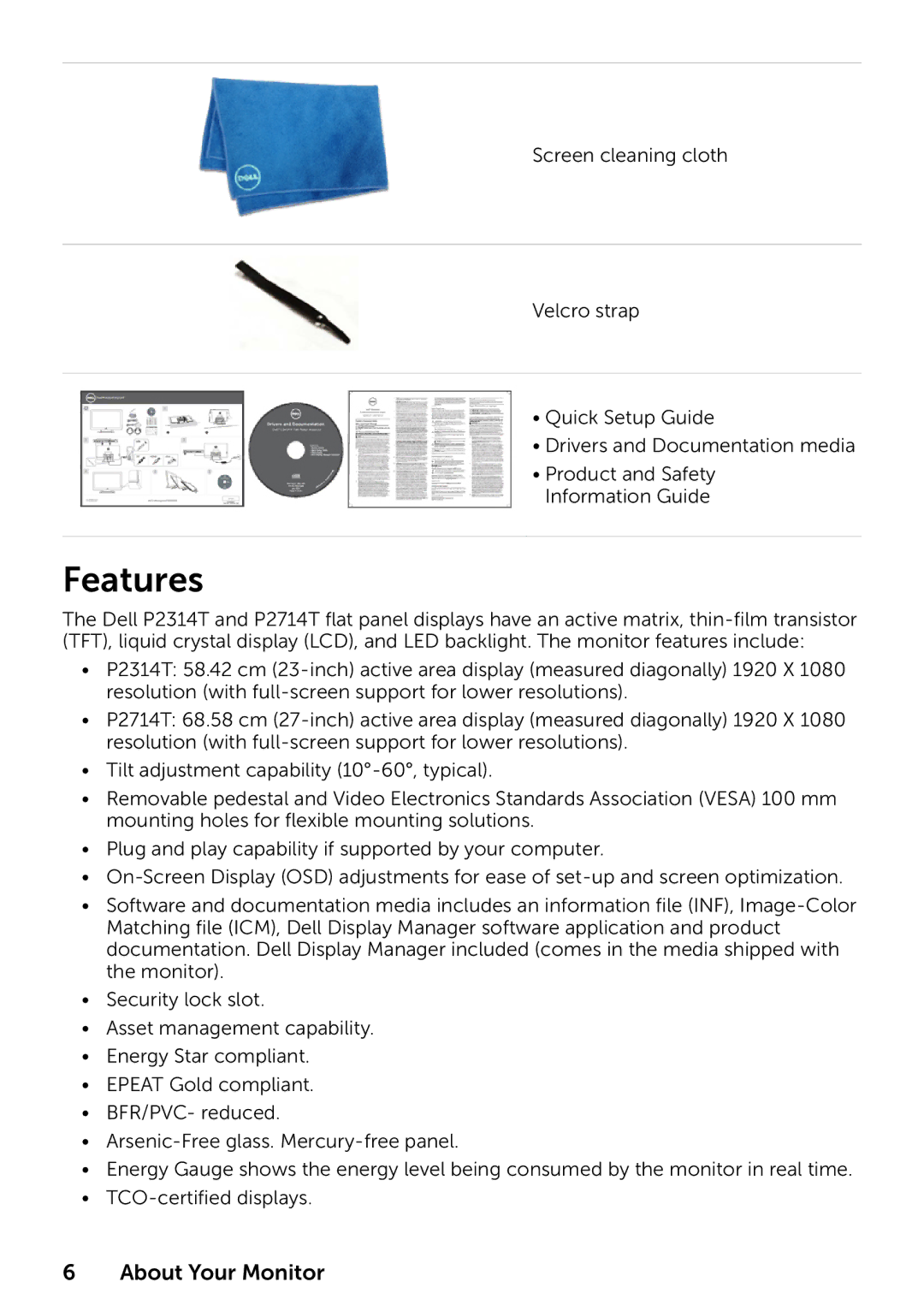 Dell 210-ABMB, 859-BBBC, P2314T P2714T manual Features 