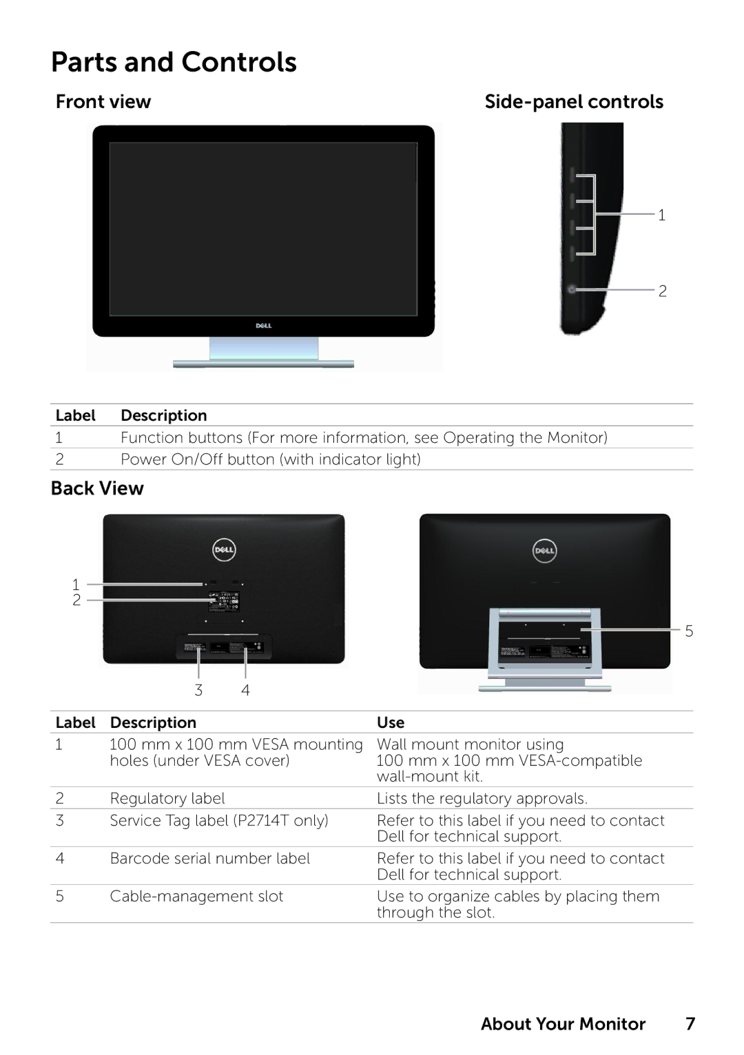 Dell 859-BBBC, 210-ABMB, P2314T P2714T manual Parts and Controls, Front view Side-panel controls, Back View 