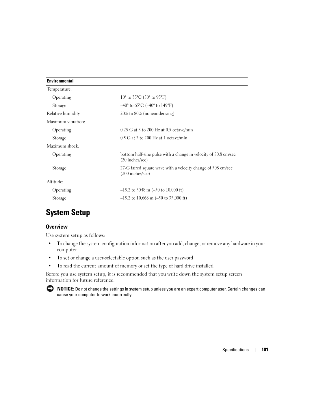 Dell 210 owner manual System Setup, Overview, 101, Inches/sec 