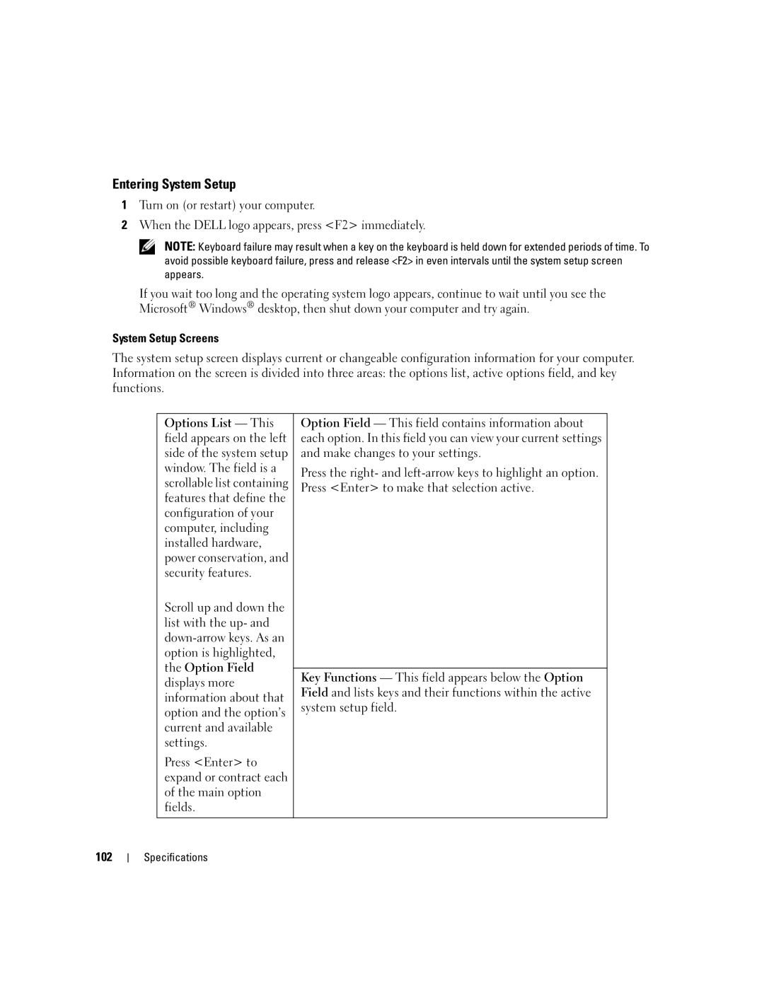 Dell 210 owner manual Entering System Setup, 102 