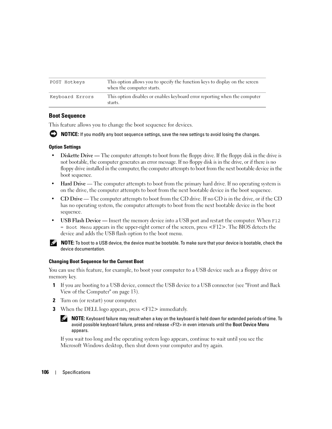 Dell 210 owner manual Boot Sequence 