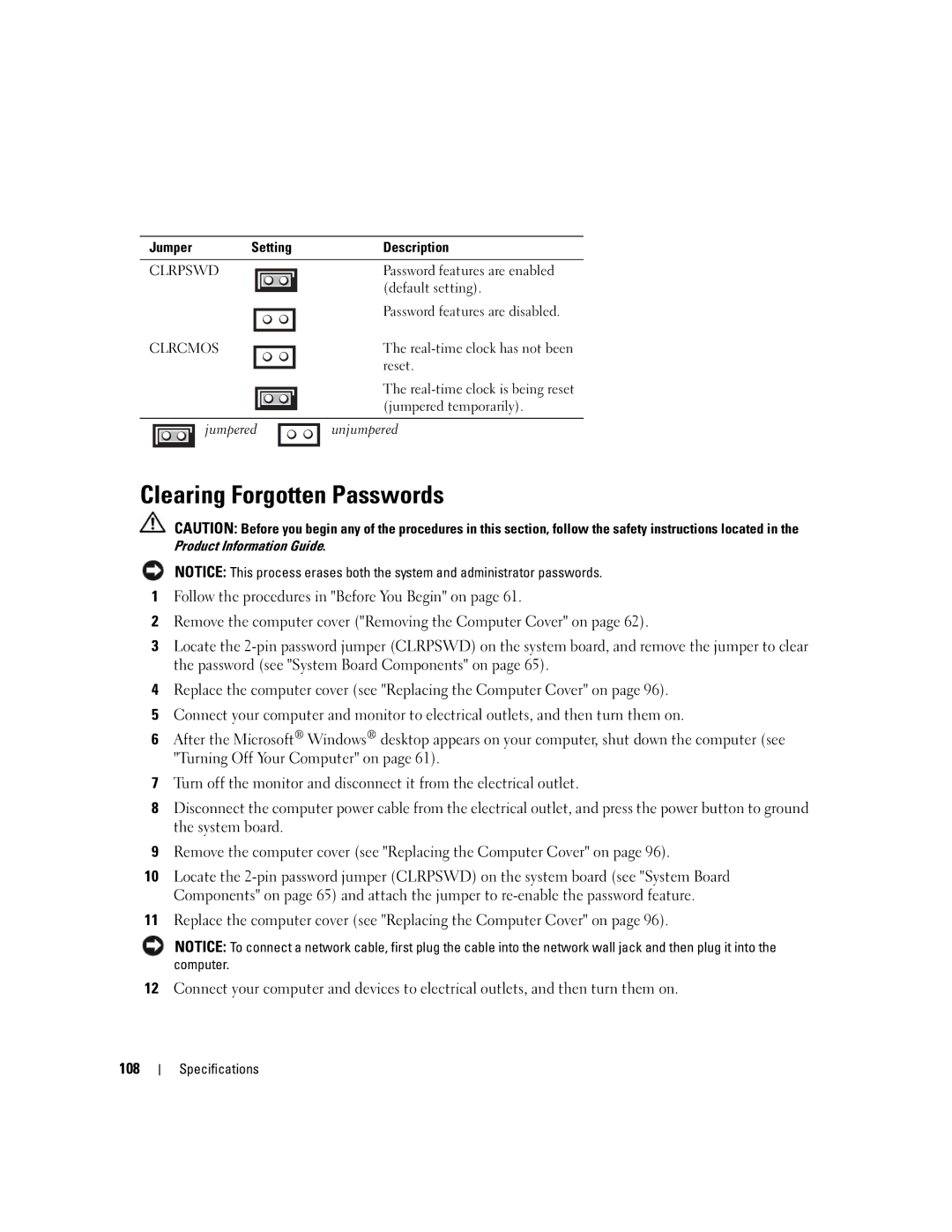 Dell 210 owner manual Clearing Forgotten Passwords, Jumper Setting Description, Jumpered Unjumpered 