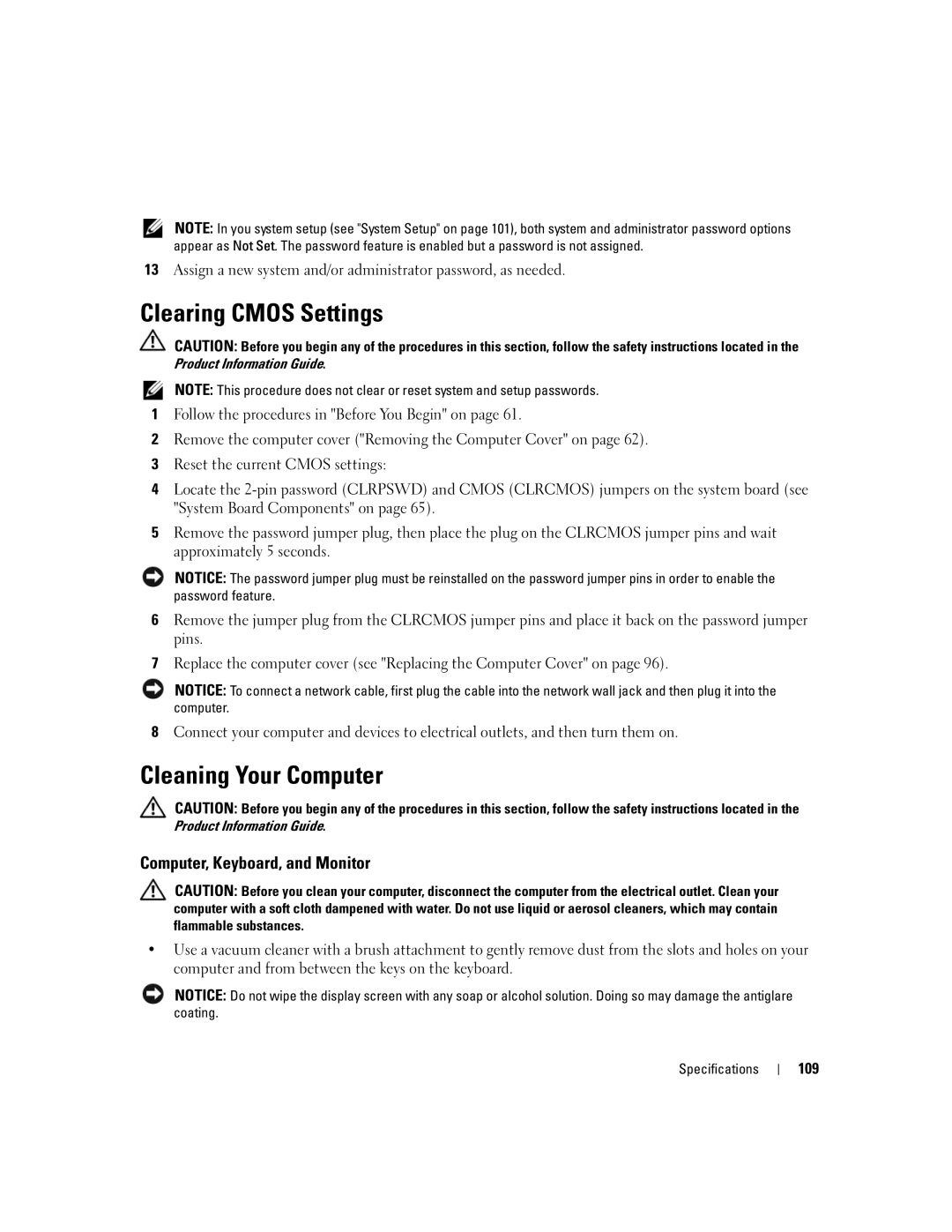 Dell 210 owner manual Clearing Cmos Settings, Cleaning Your Computer, Computer, Keyboard, and Monitor, 109 