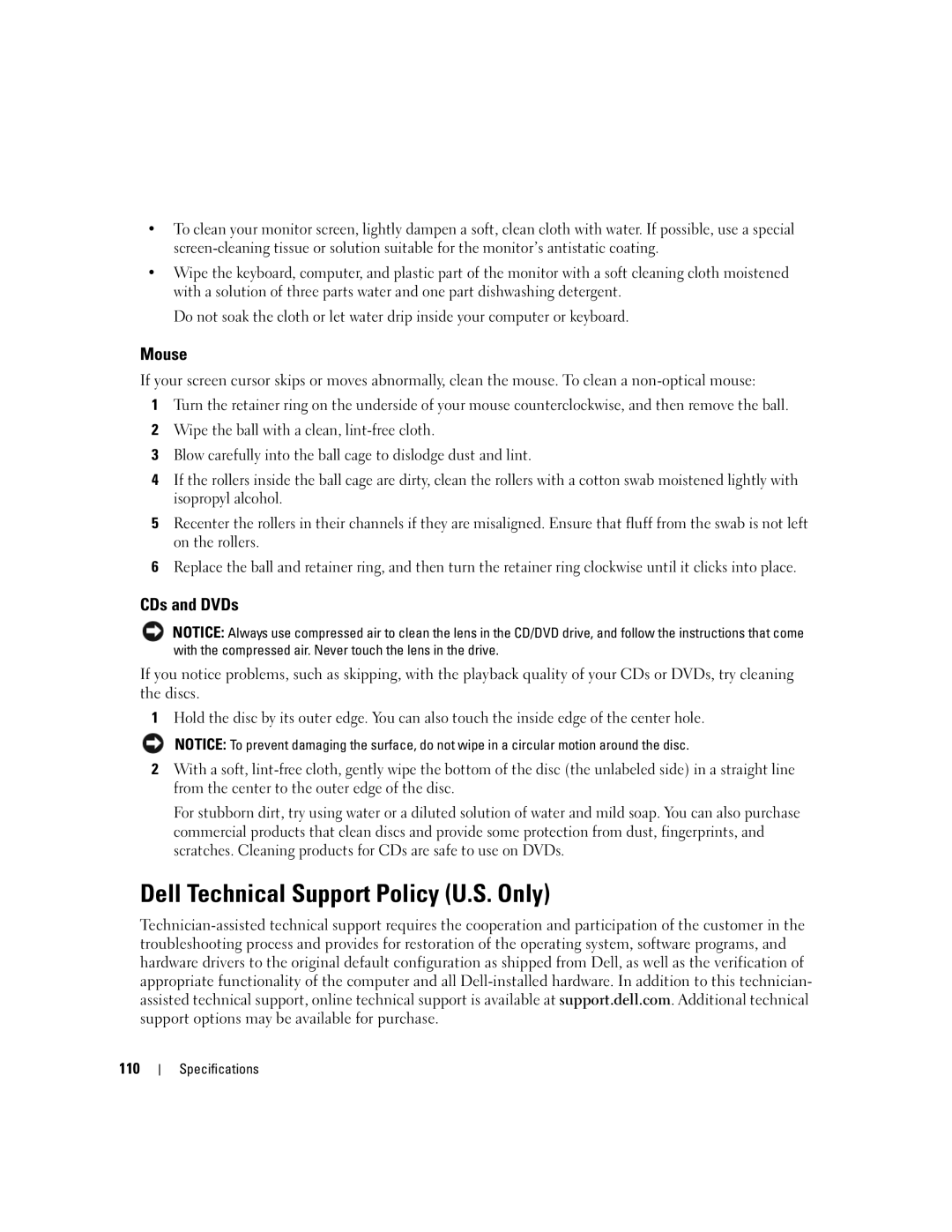 Dell 210 owner manual Dell Technical Support Policy U.S. Only, Mouse, CDs and DVDs, 110 