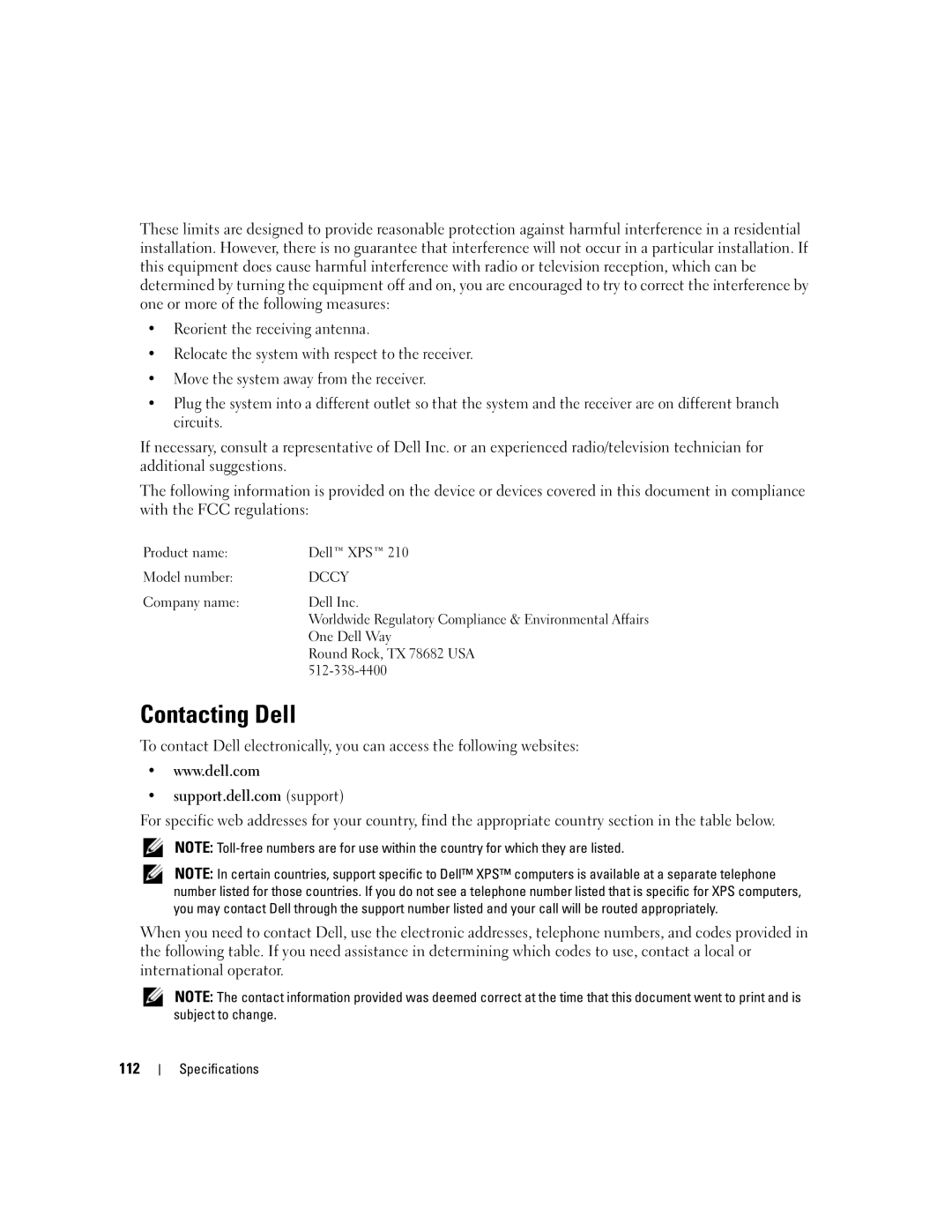 Dell 210 owner manual Contacting Dell, 112 